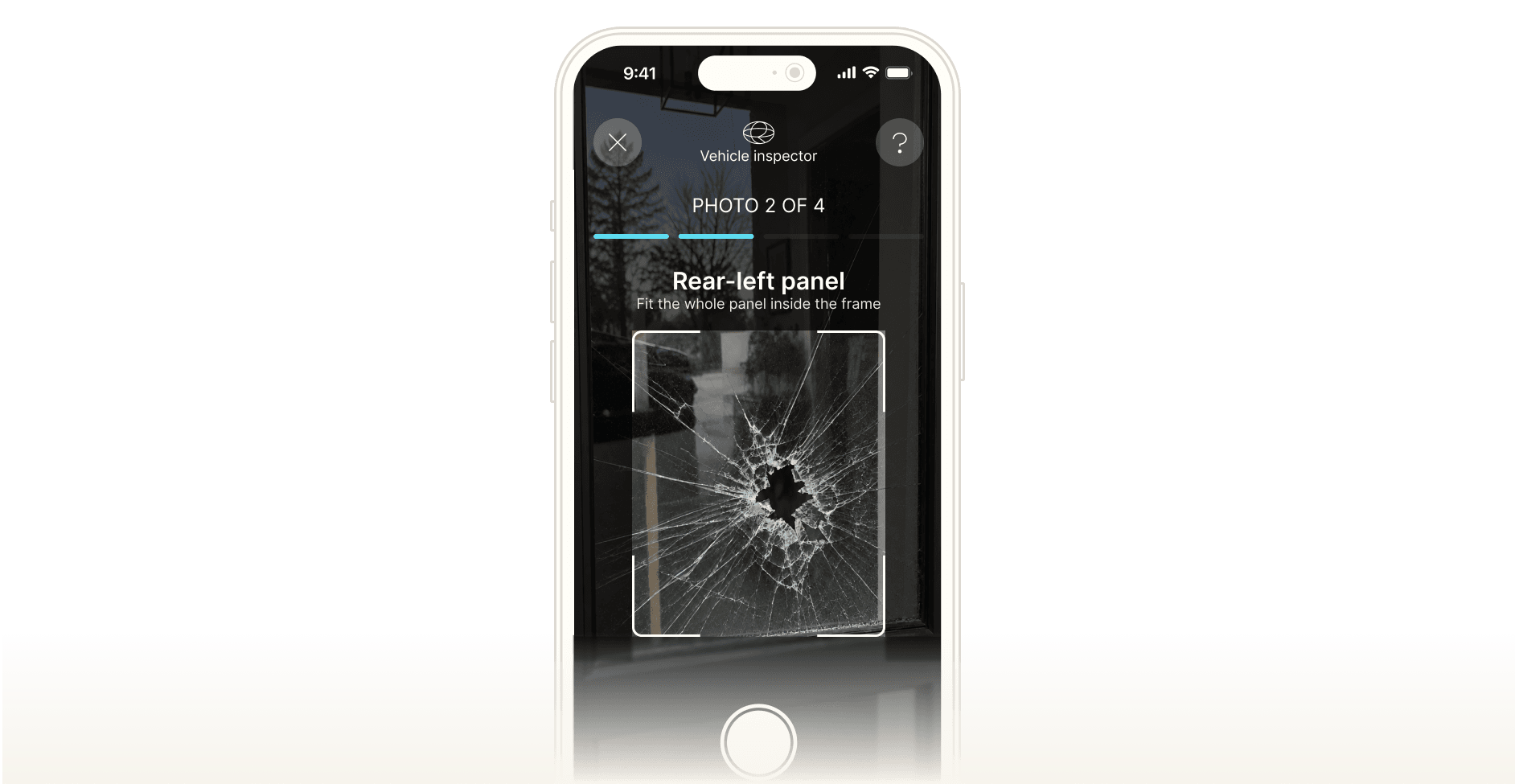 RIAL capture flow on a phone, prompting for photo 2 of 4 of a vehicle's rear-left panel